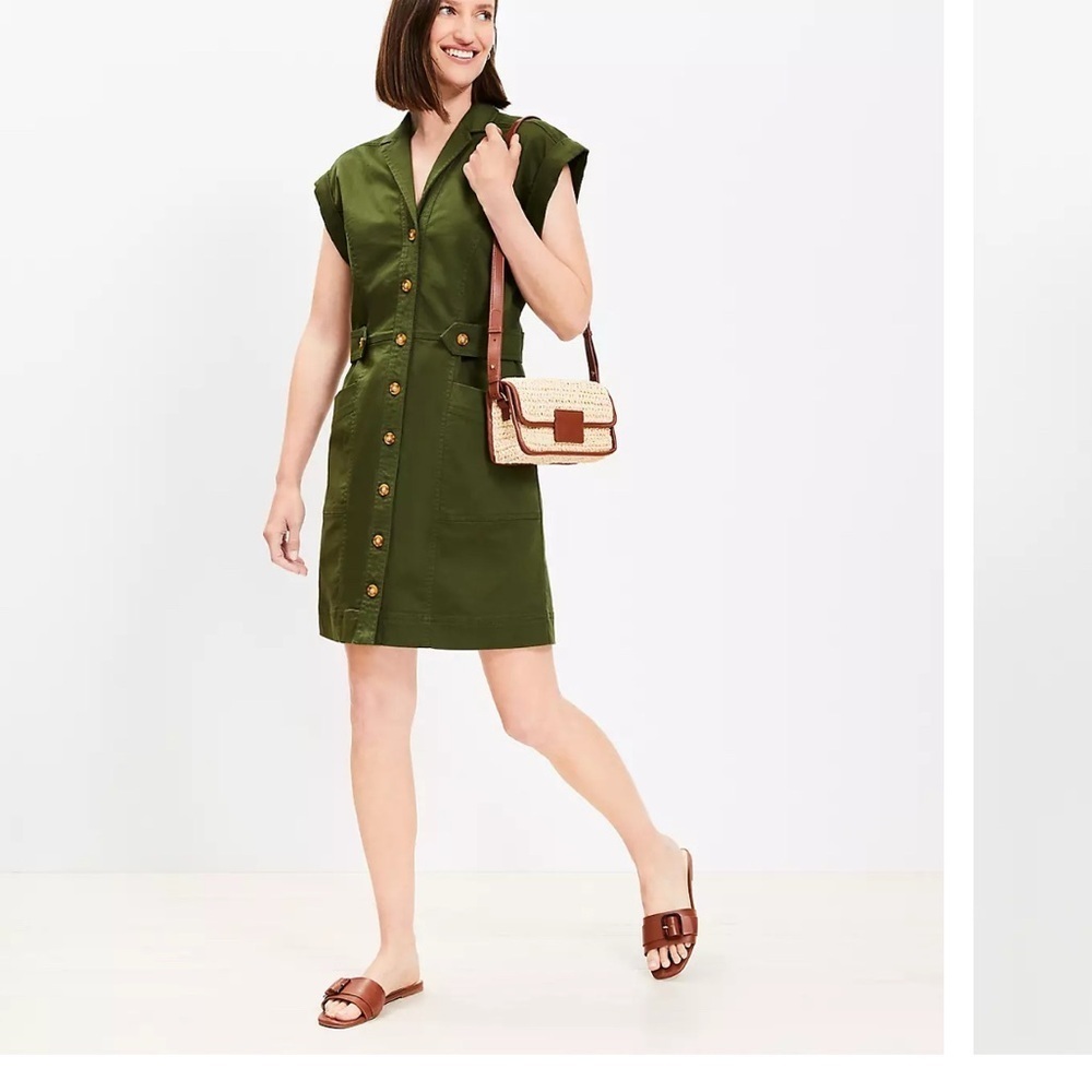 Loft Utility Mini Pocket Shirtdress 8 Green Button-Down Dress Old Money 2024